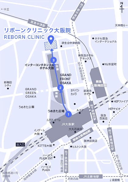 再生医療専門リボーンクリニック大阪院のアクセスマップ