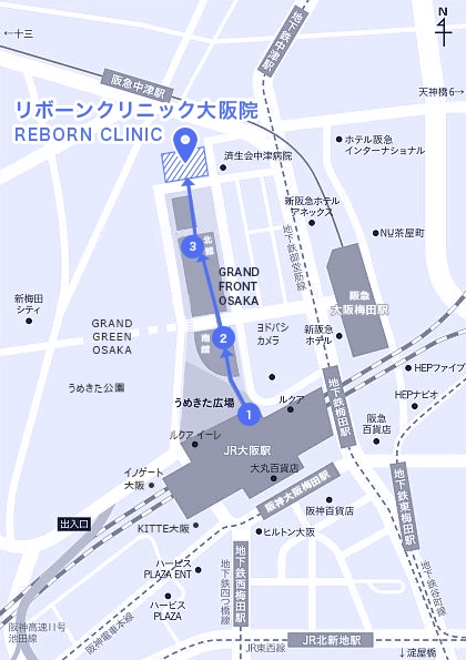 再生医療専門リボーンクリニック大阪院のアクセスマップ